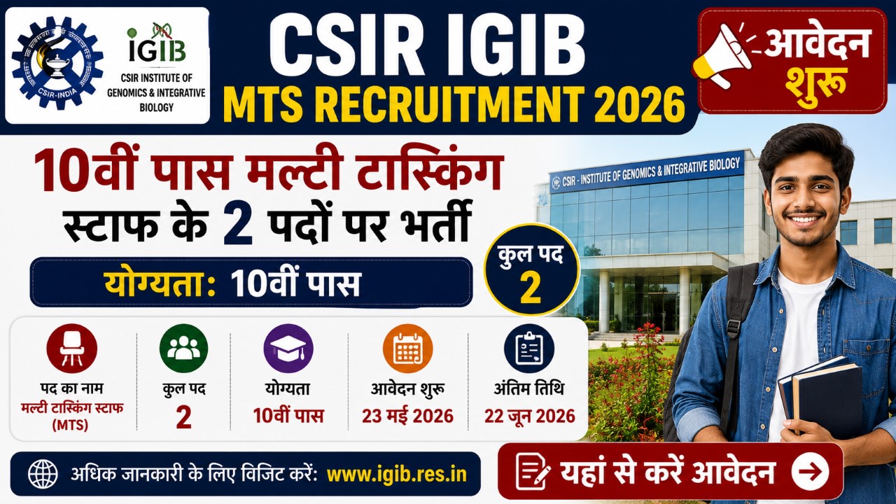 CSIR IGIB MTS Recruitment 2026 10th Pass Multi Tasking Staff Vacancy