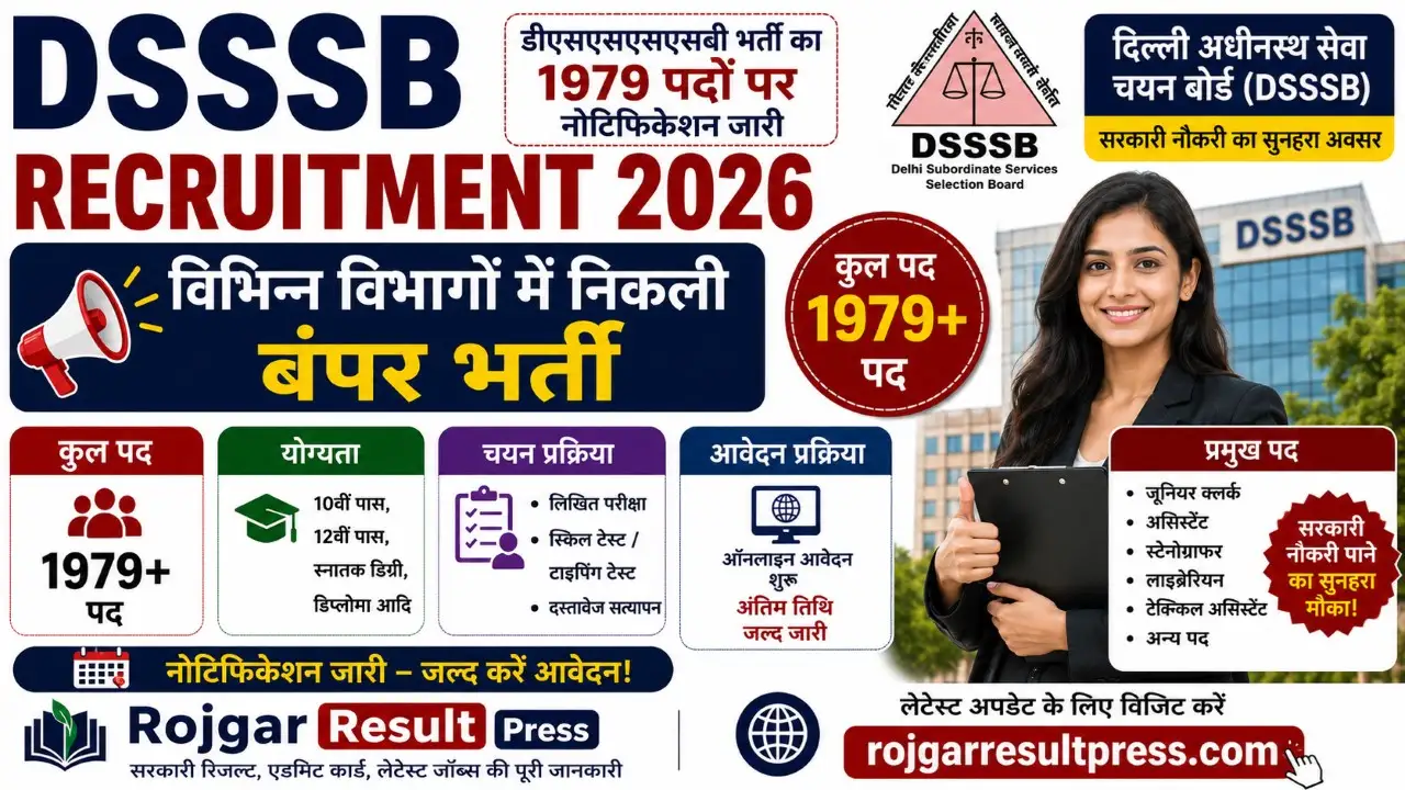 DSSSB Recruitment 2026 का 1979 पदों पर नोटिफिकेशन जारी, ऑनलाइन आवेदन, योग्यता, आयु सीमा और आवेदन प्रक्रिया।