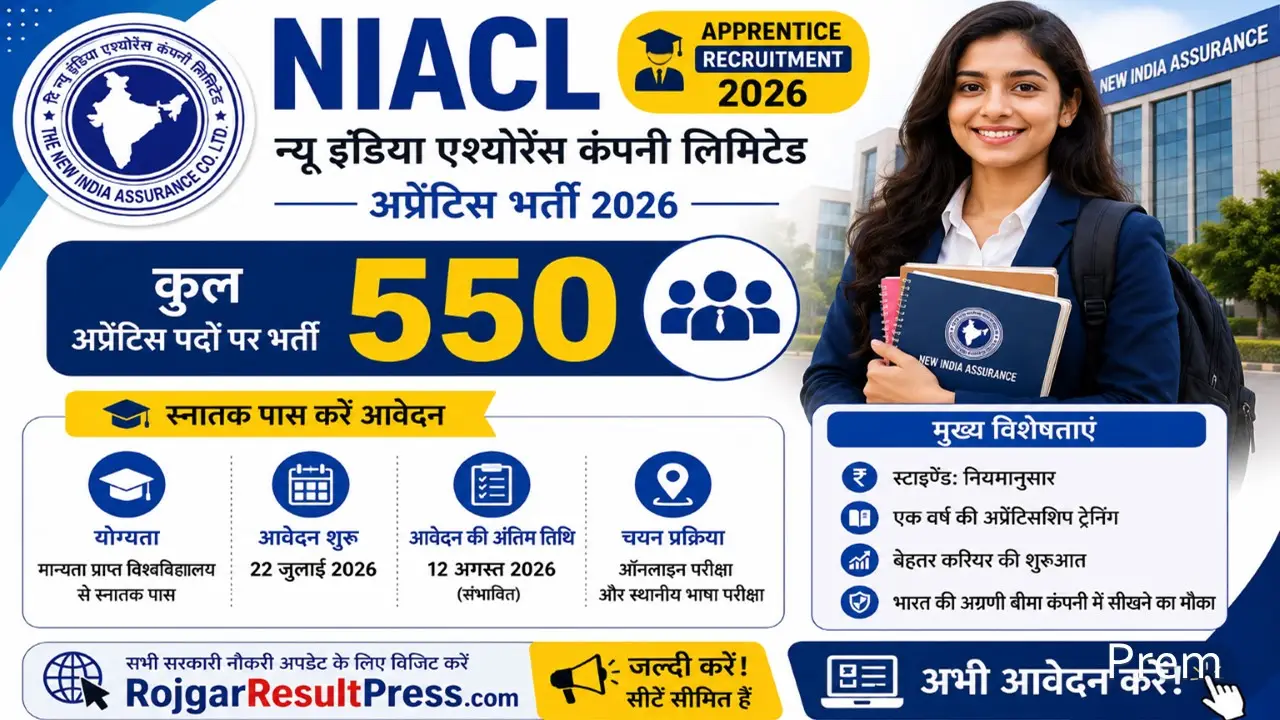 NIACL Apprentice Recruitment 2026 के 550 पदों पर भर्ती का नोटिफिकेशन