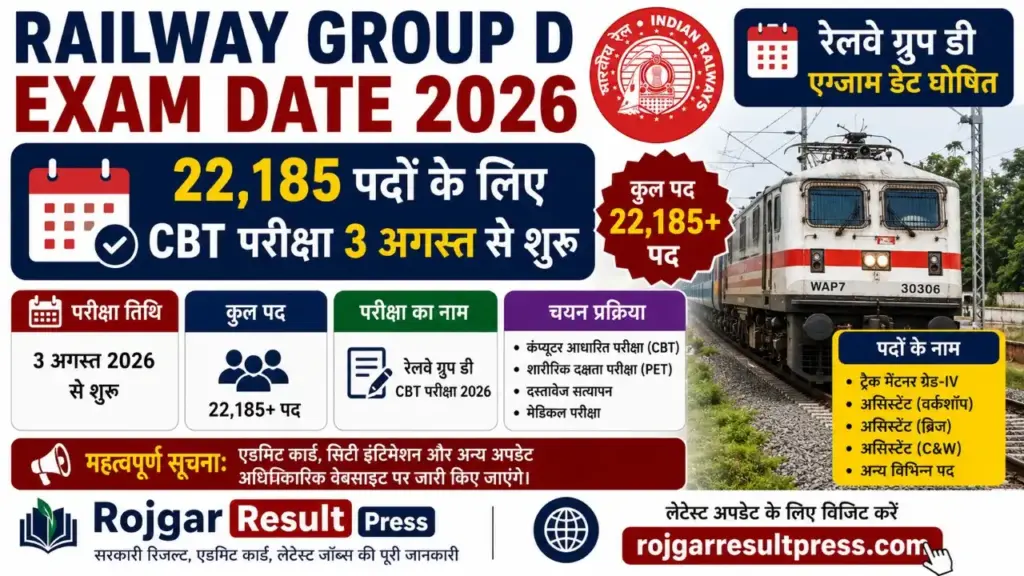 Railway Group D Exam Date 2026: रेलवे ग्रुप डी एग्जाम डेट घोषित, 22,185 पदों के लिए CBT परीक्षा 3 अगस्त से शुरू