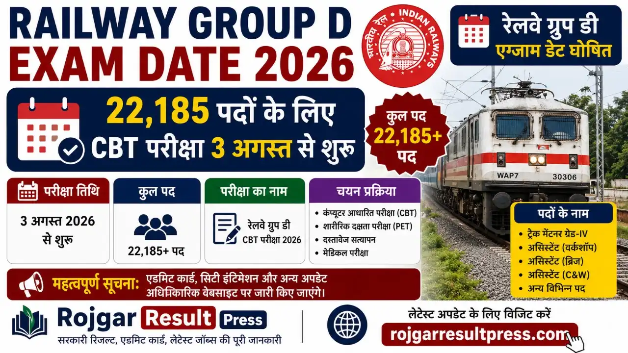 Railway Group D Exam Date 2026 CBT परीक्षा 3 अगस्त से 21 अगस्त तक, Exam City Slip और Admit Card अपडेट