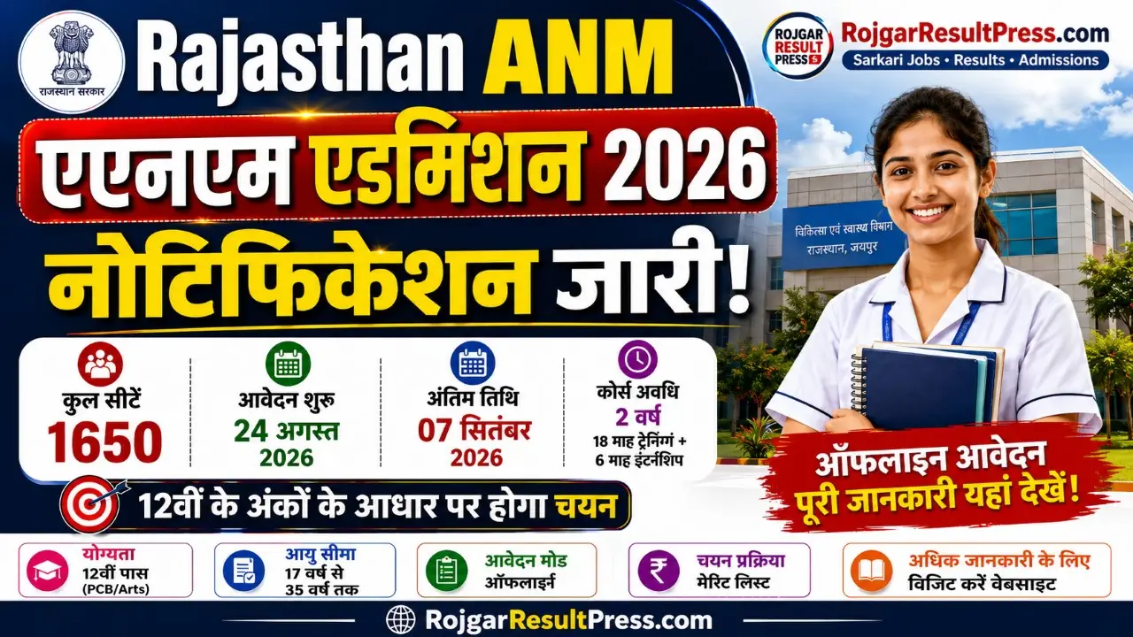 Rajasthan ANM Admission 2026 1650 Seats Notification
