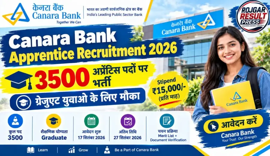 Canara Bank Apprentice Recruitment 2026: 3500 अप्रेंटिस पदों पर भर्ती, ग्रेजुएट युवाओं के लिए मौका